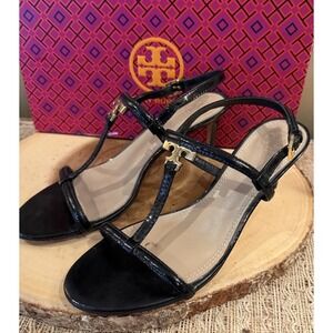TORY BURCH T Logo Gold black patent leather Kitten heels sandals Sz-8M